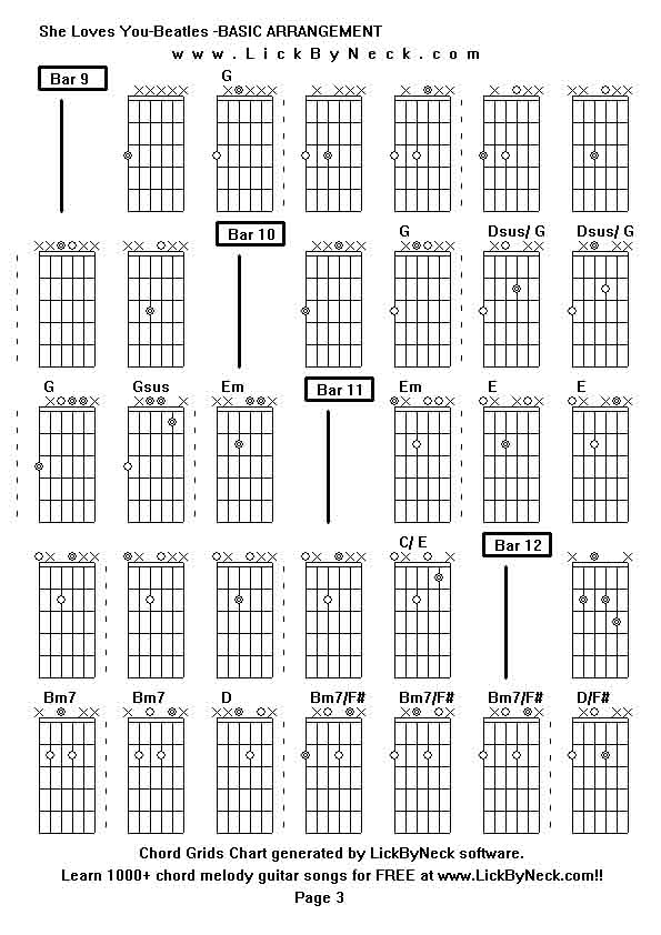 Chord Grids Chart of chord melody fingerstyle guitar song-She Loves You-Beatles -BASIC ARRANGEMENT,generated by LickByNeck software.